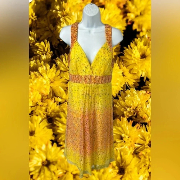 Morrell Maxie Silk Sundress Yellow Colorful Lined Abstract Party Women’s Size 10 - Picture 1 of 15